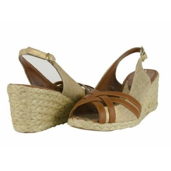 RALPH LAUREN CANDICE TAN METALIC WEDGE SANDALS SHOES size 10 - Picture 1 of 10